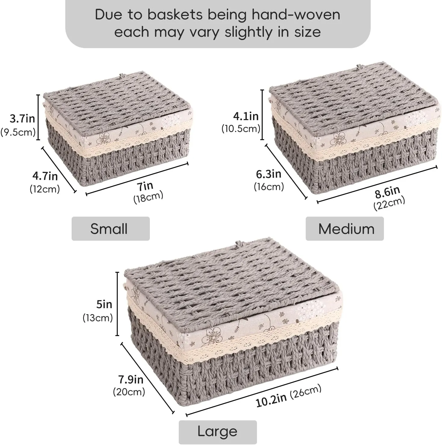 HANMYSTYLE Storage basket with lid hand-woven baskets with cotton lining metal frame children's room storage picnic basket snacks sundries toiletries toys 3-piece set (Grey-Kapok)