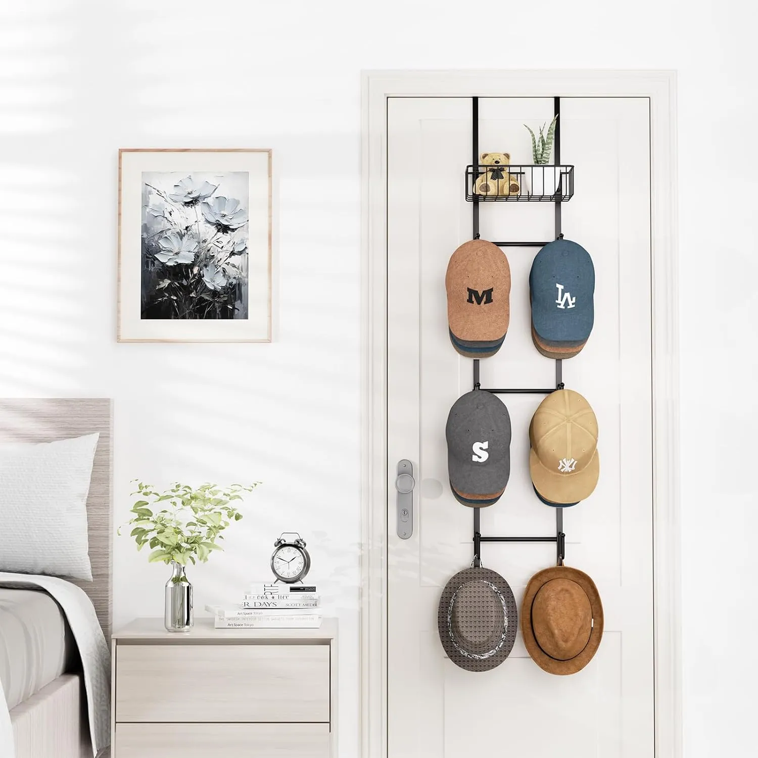 HapiRm Over Door Hat Rack - 2 Packs Wall Mounted Hat Holder with 6 Hooks and Metal Basket Design, Baseball Cap Organizer Storage Up to 32 Caps for Door, Bedroom, Closet, Black