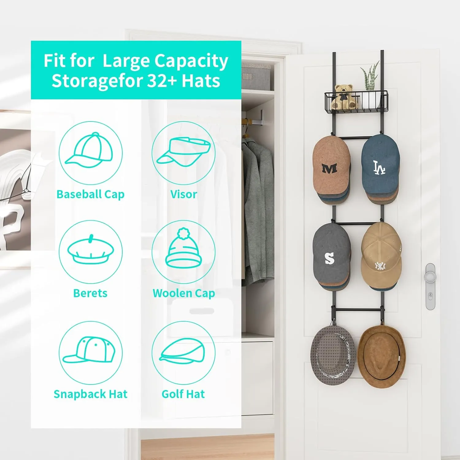 HapiRm Over Door Hat Rack - 2 Packs Wall Mounted Hat Holder with 6 Hooks and Metal Basket Design, Baseball Cap Organizer Storage Up to 32 Caps for Door, Bedroom, Closet, Black