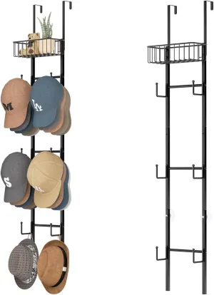 HapiRm Over Door Hat Rack - 2 Packs Wall Mounted Hat Holder with 6 Hooks and Metal Basket Design, Baseball Cap Organizer Storage Up to 32 Caps for Door, Bedroom, Closet, Black