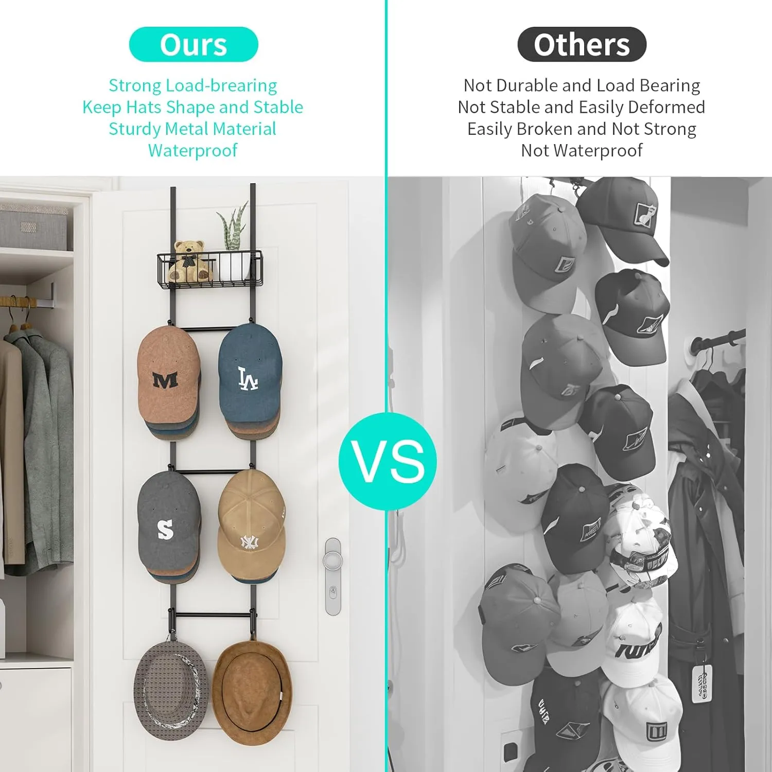 HapiRm Over Door Hat Rack - 2 Packs Wall Mounted Hat Holder with 6 Hooks and Metal Basket Design, Baseball Cap Organizer Storage Up to 32 Caps for Door, Bedroom, Closet, Black