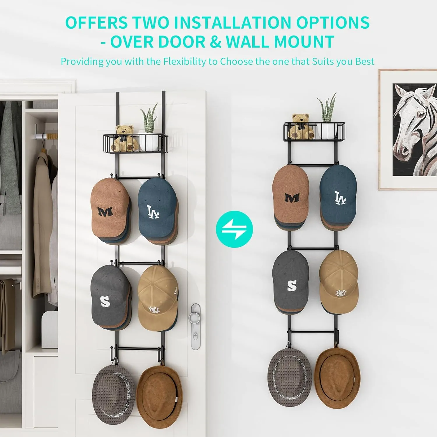 HapiRm Over Door Hat Rack - 2 Packs Wall Mounted Hat Holder with 6 Hooks and Metal Basket Design, Baseball Cap Organizer Storage Up to 32 Caps for Door, Bedroom, Closet, Black