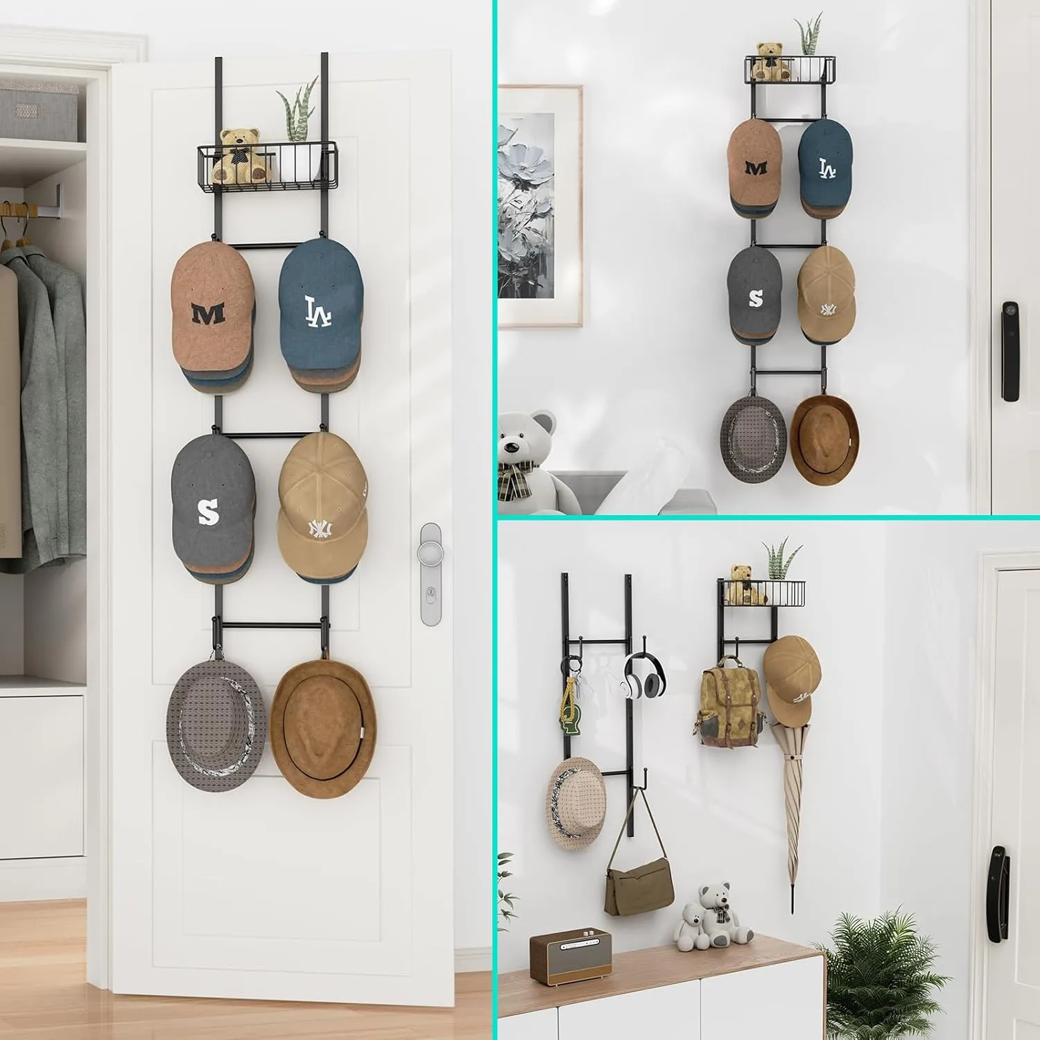 HapiRm Over Door Hat Rack - 2 Packs Wall Mounted Hat Holder with 6 Hooks and Metal Basket Design, Baseball Cap Organizer Storage Up to 32 Caps for Door, Bedroom, Closet, Black