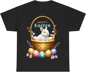 Happy Easter Bunny T-Shirt – Cute White Rabbit in Basket with Colorful Eggs – Premium Cotton, DTG Print, Unisex