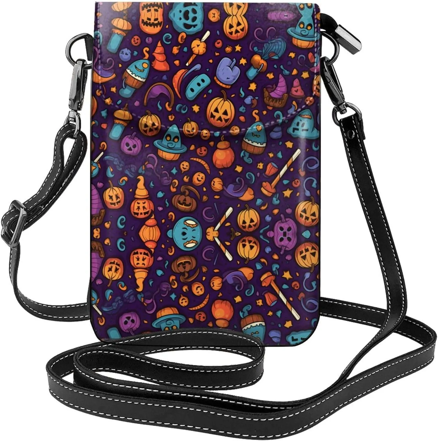 happy-halloween-day-trick-or-treat Prints Leather Crossbody Flap Phone Bag - Versatile Gift for Women Walking, Camping, Shopping, and Travel