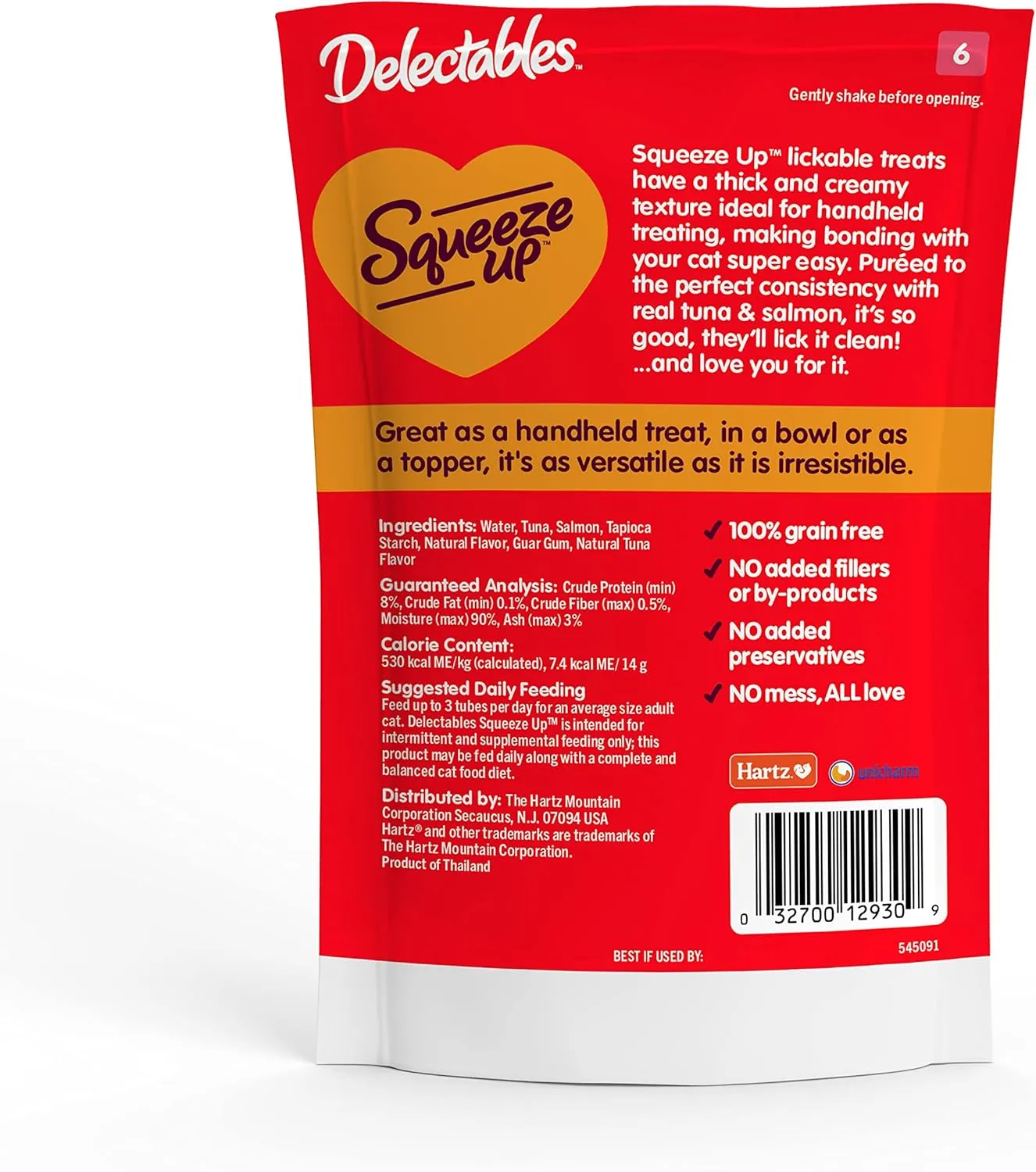 Hartz Delectables Squeeze Up Interactive Lickable Wet Cat Treats for Adult & Senior Cats, Tuna & Salmon, 4 Count(Pack of 8)