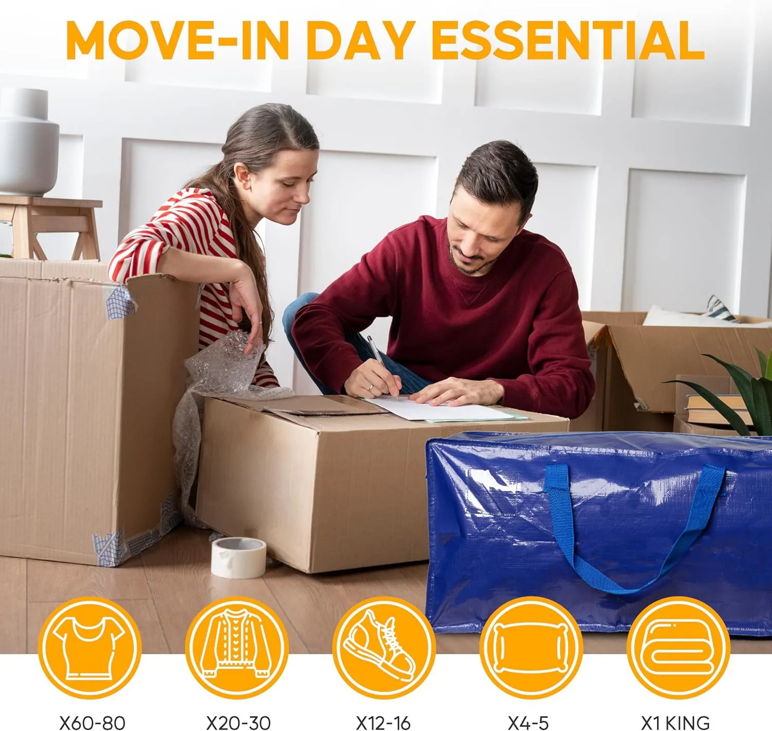 HealSmart 4 Pack Extra Large Moving Bags with Zippers & Carrying Handles, Heavy-Duty Storage Tote Moving Boxes for Dorm Room Essentials Storage Bags, Blue