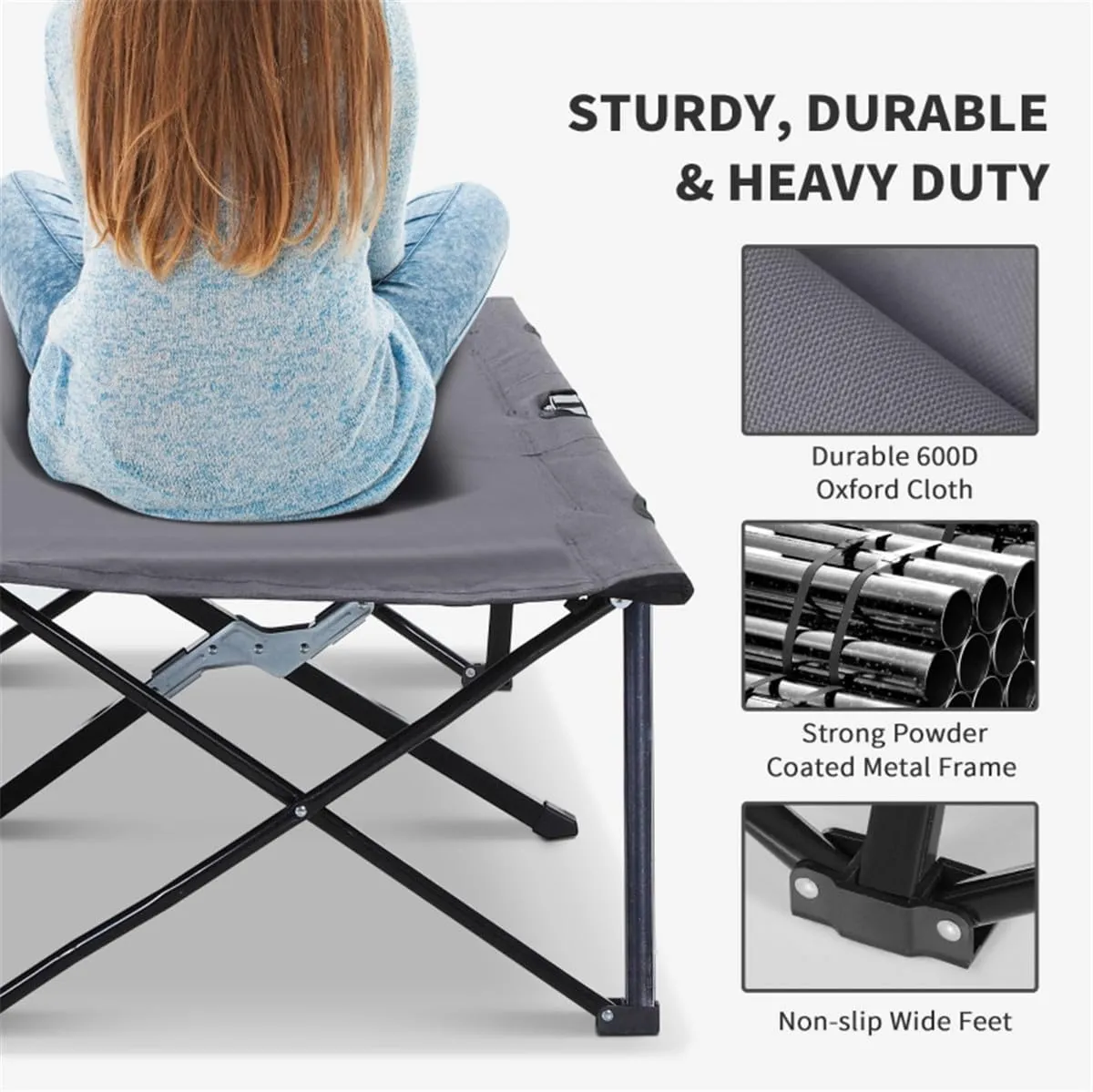 Heavy Duty Folding Camping Cot - 300 lbs Capacity, Portable Compact Cot with Carry Bag, 15" Elevated for Outdoor, Camping, Hiking - Gray