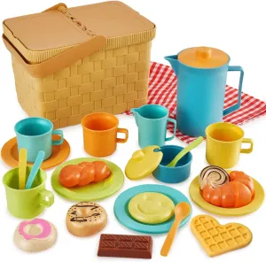 HERSITY Picnic Basket Toys for Toddlers, Kids Play Tea Sets with Teapot Tea Cup Dessert Food and Mat, Pretend Play Kitchen Accessories Tea Party Set Little Girl Boy Age 3 4 5