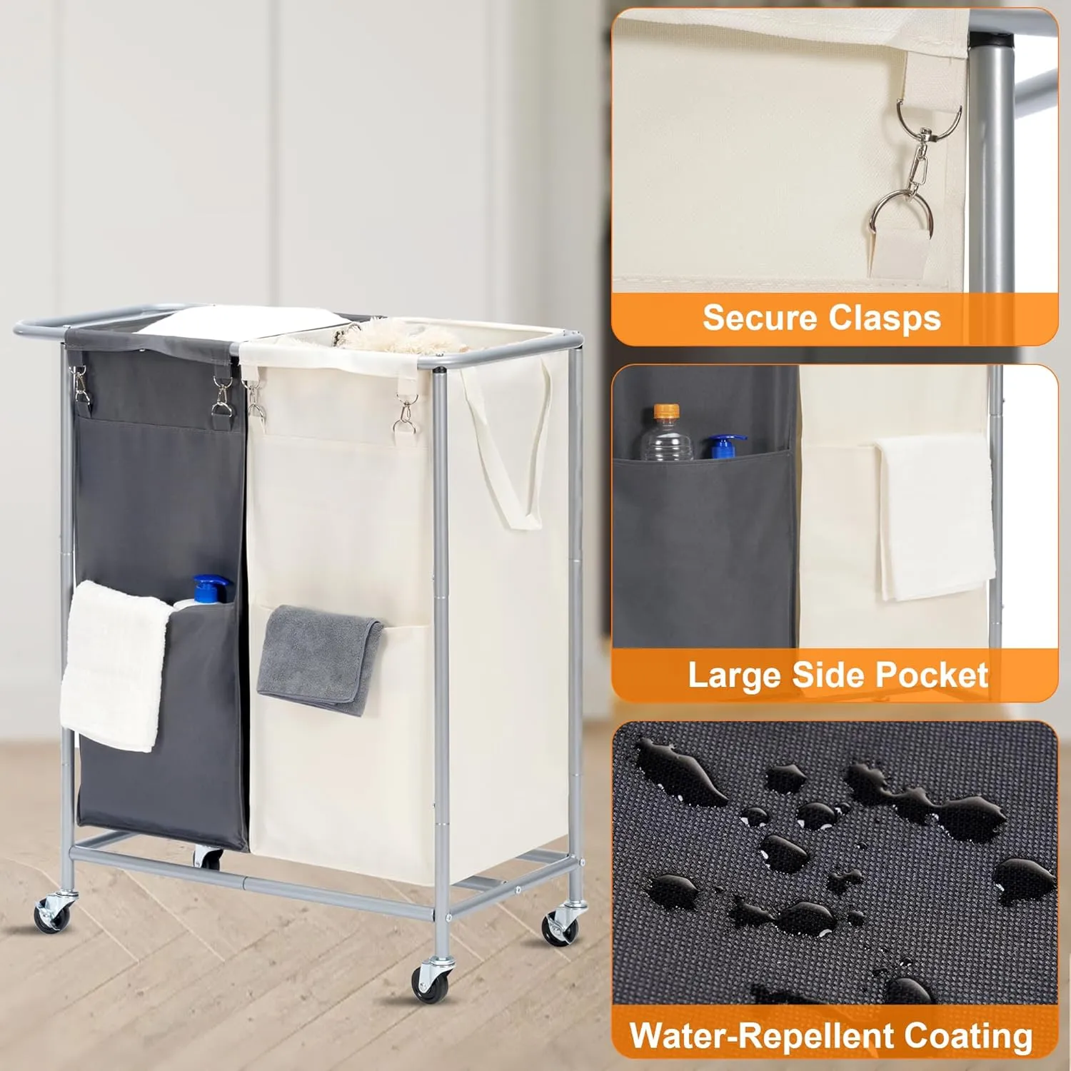 Heybly Laundry Basket,2 x 18.5 Gal Laundry Separator Hamper with Heavy Duty Rolling Wheels, Divider Sorter with Removable Bags, Dirty Clothes Storage, 29.1 x 15.4 x 33.1 Inches HLH021P02