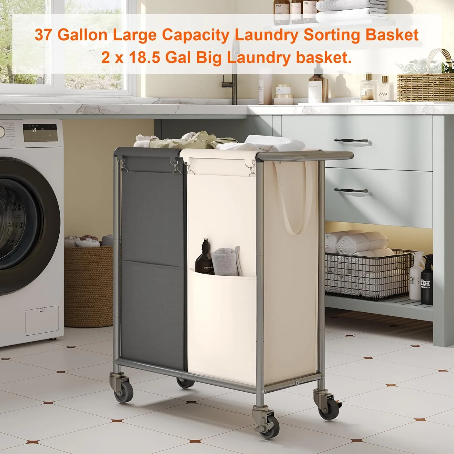 Heybly Laundry Basket,2 x 18.5 Gal Laundry Separator Hamper with Heavy Duty Rolling Wheels, Divider Sorter with Removable Bags, Dirty Clothes Storage, 29.1 x 15.4 x 33.1 Inches HLH021P02