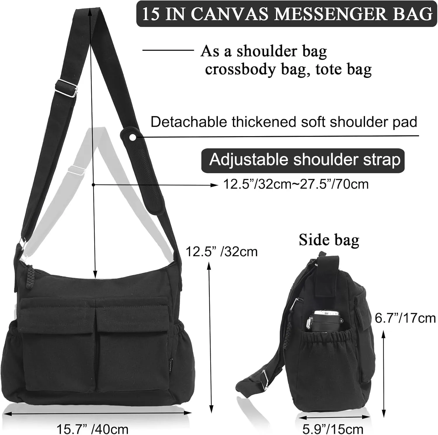 High Density Canvas Messenger Bag for Men/Women, 15” Large Crossbody Shoulder Bag Tote Bag for College/Travel/Work Daily Use