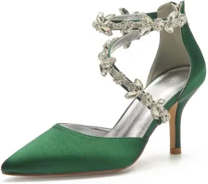 High Heels Wedding Shoes for Bride Pointed Toe Satin Crystals Formal Party Dress Pumps Women 602-7