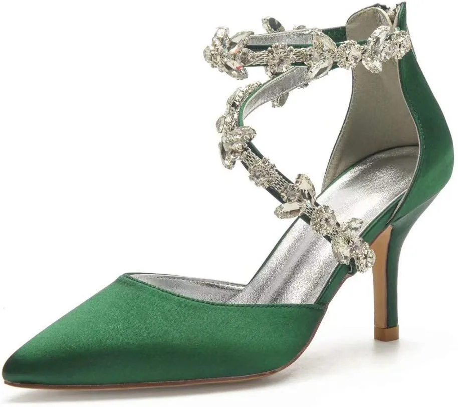 High Heels Wedding Shoes for Bride Pointed Toe Satin Crystals Formal Party Dress Pumps Women 602-7