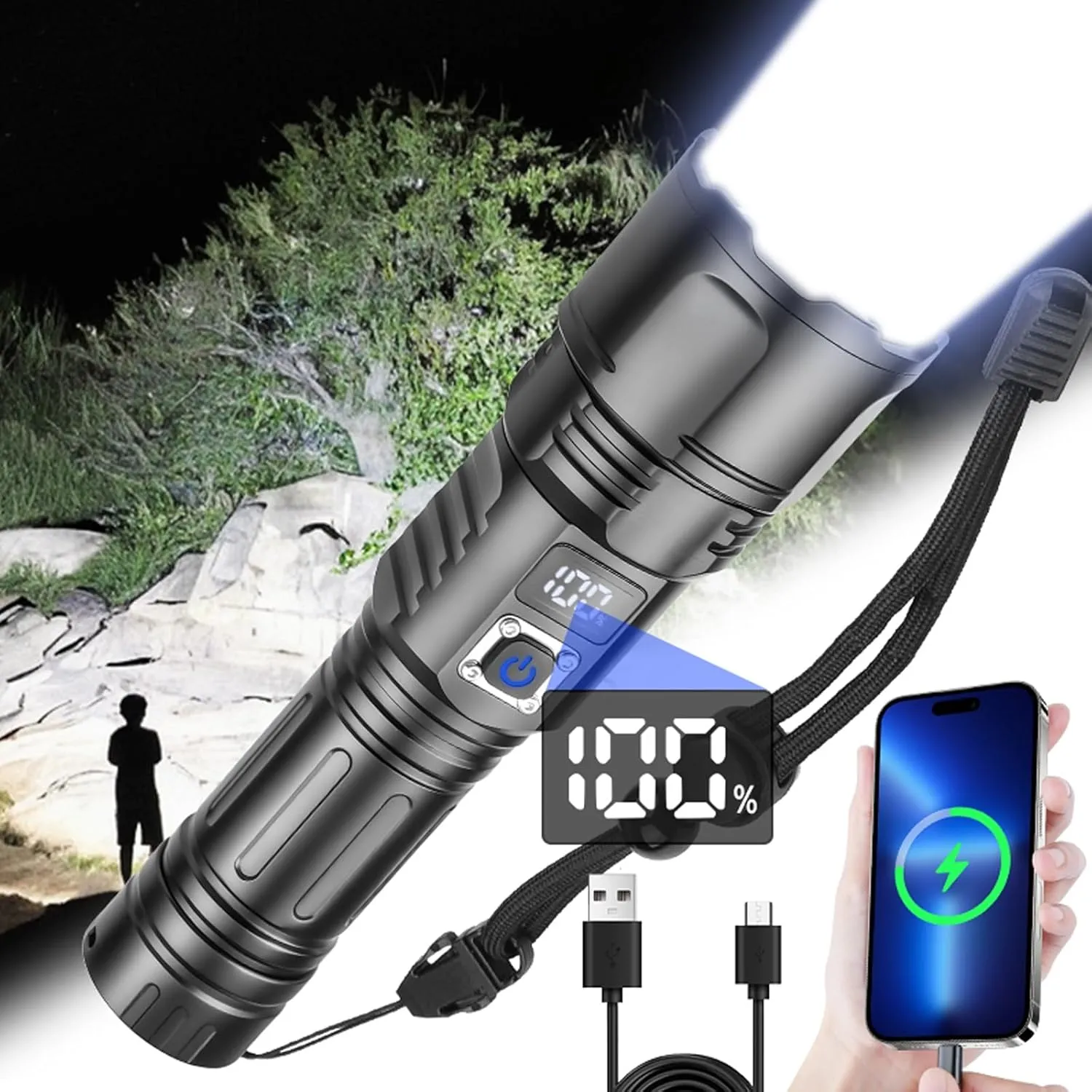 High Lumens Focus Light Rechargeable - 1000 Meters Long Beam Super Bright LED Flash Light with Power Display and IPX4 Waterproof for Camping, 5 Modes Zoomable Handheld Flashlight(NO Battery)