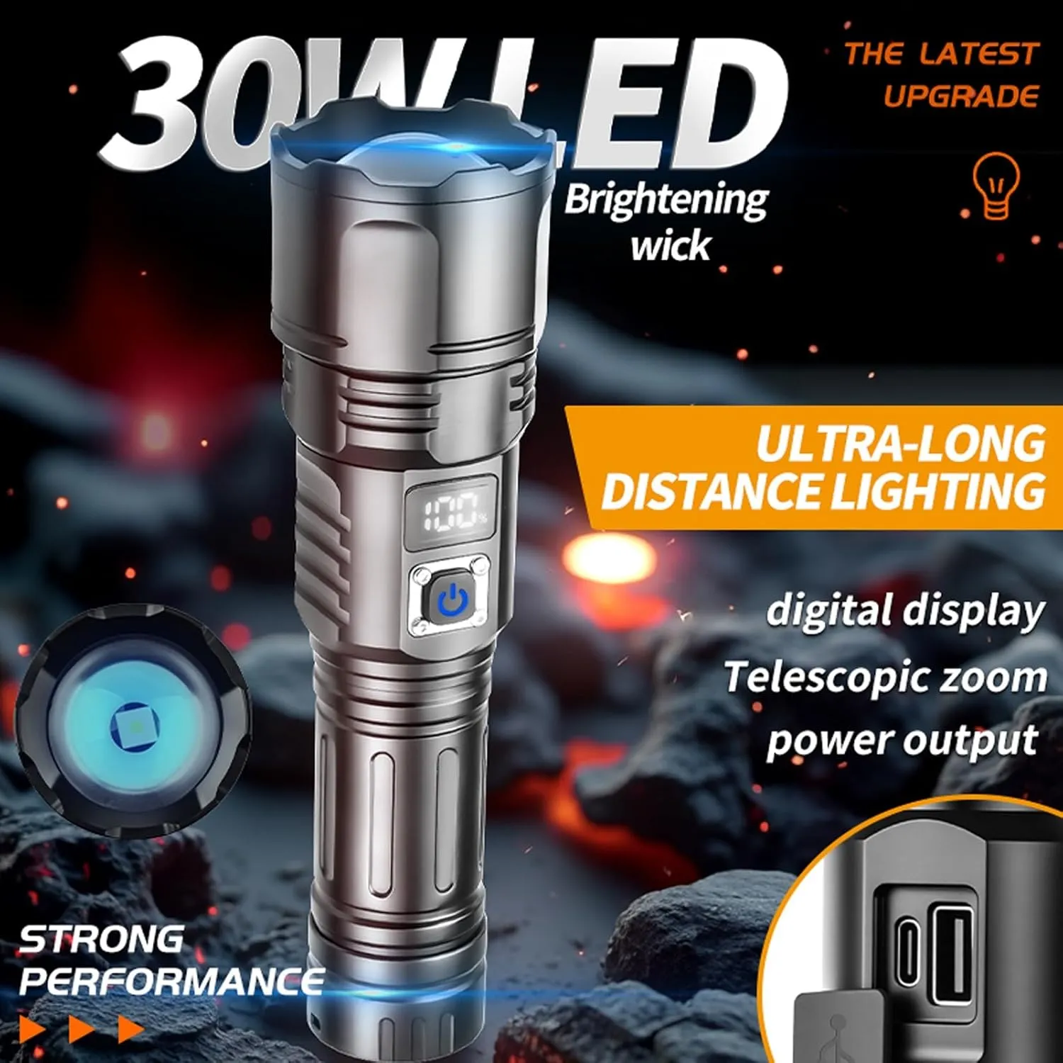 High Lumens Focus Light Rechargeable - 1000 Meters Long Beam Super Bright LED Flash Light with Power Display and IPX4 Waterproof for Camping, 5 Modes Zoomable Handheld Flashlight(NO Battery)