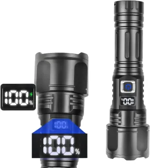 High Lumens Focus Light Rechargeable - 1000 Meters Long Beam Super Bright LED Flash Light with Power Display and IPX4 Waterproof for Camping, 5 Modes Zoomable Handheld Flashlight(NO Battery)