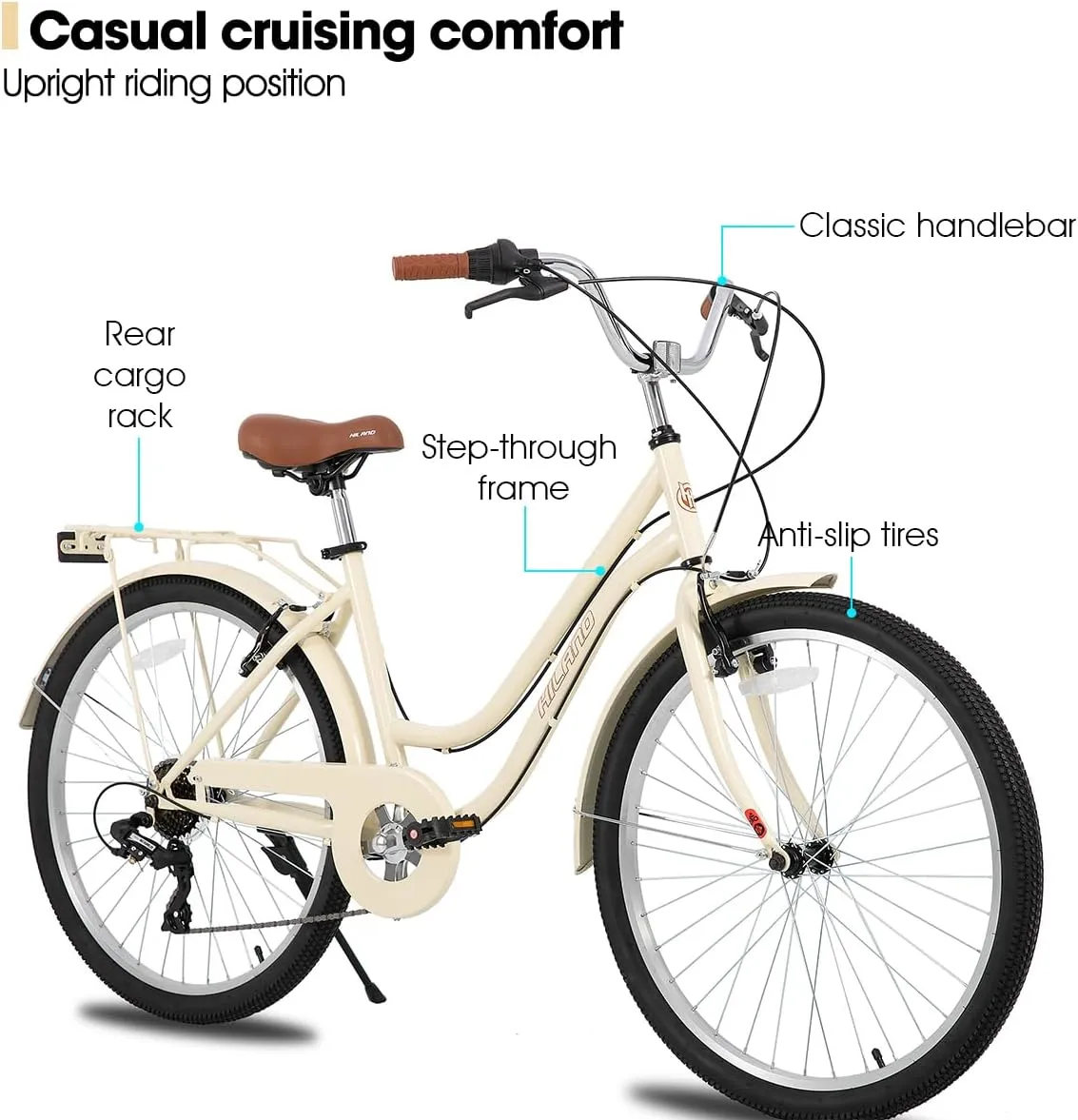 HILAND 26 in Women's Hybrid Bike for Adult, 7 Speed Step Through Hi-Ten Steel Frame City Commuter Beach Cruiser Bike, Hybrid Bicycle, Multicolor