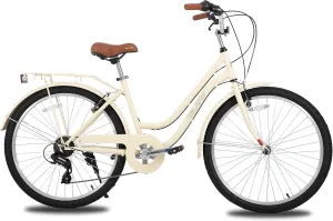 HILAND 26 in Women's Hybrid Bike for Adult, 7 Speed Step Through Hi-Ten Steel Frame City Commuter Beach Cruiser Bike, Hybrid Bicycle, Multicolor
