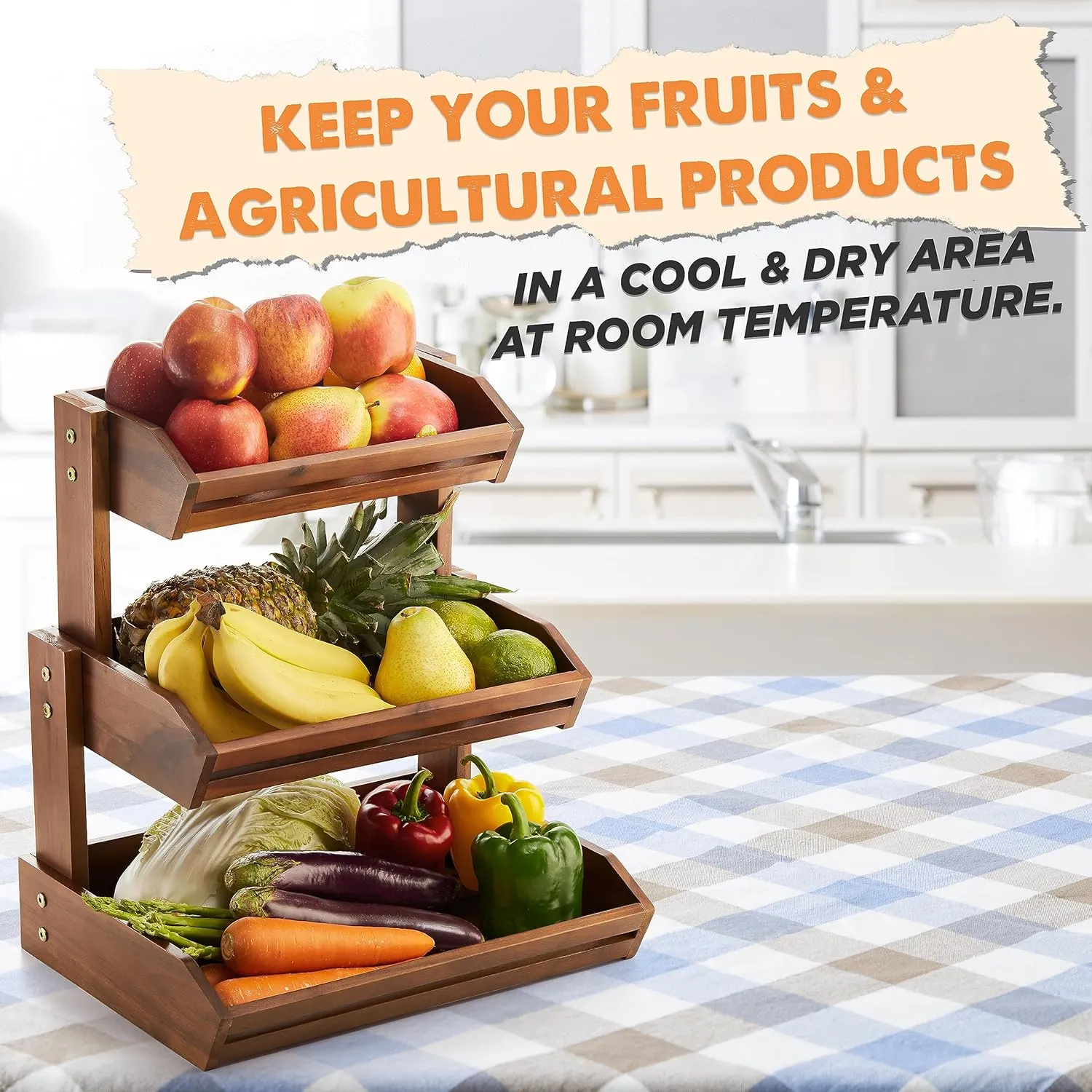 HOLANA Acacia Wood Fruit Basket - 3-Tier Fruit Bowl for Kitchen Counter , Extra Large 16x12.5x18 in , Fruteros Para Cocina , Fruit and Vegetable Storage (3 Tier)