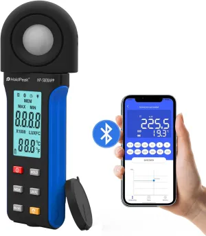 HoldPeak Illuminance Light Meter with Bluetooth, Digital Lux Foot Candles Meter 0.1~400,000 Lux with 270º Rotating Sensor, Lumen Meter Luxmeter for Plants, Car Headlights, Home & Office LEDs
