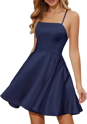 Homecoming Dresses 2024 Cocktail Graduation Short Satin Prom Dress with Pocket(Built-in Bra)