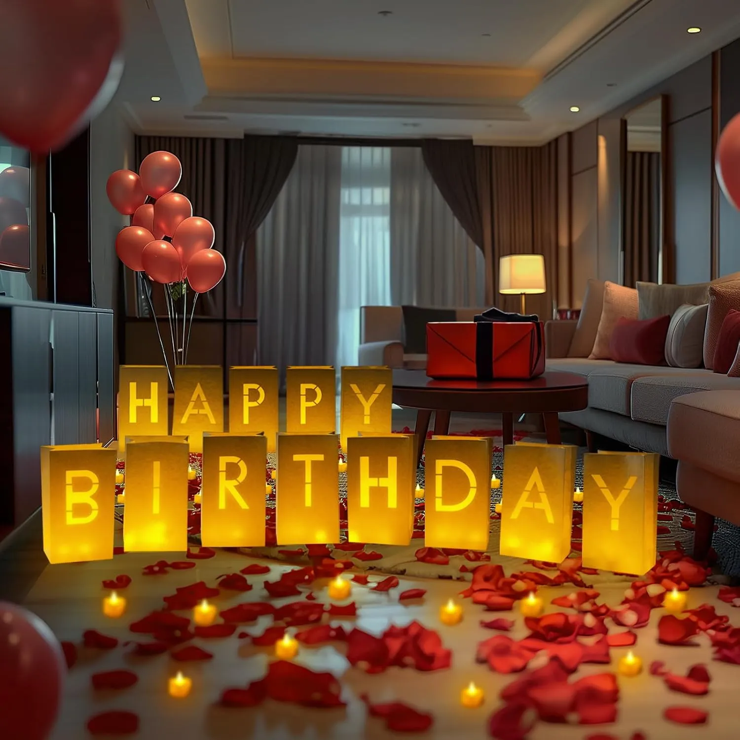 Homemory Happy Birthday Light Up Letters Luminary Bags with Flameless Candles and Fake Rose Petals, Happy Birthday Sign Party Decoration for Women Men