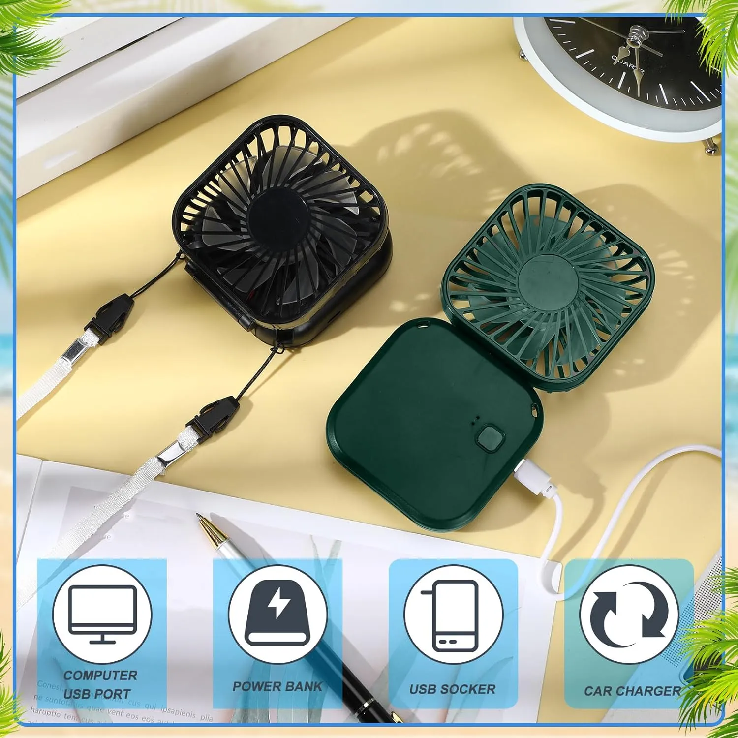 Hortsun 24 Pcs Necklace Fans Portable USB Rechargeable Battery 3 Speed Air Circulatory Handheld for Cooling Small Personal Hand Free Travel Office(Blue,Black,Green)
