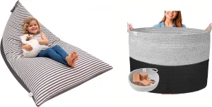 Huddle Supply Co Stuffed Animal Storage Bundle - Stuffed Animal Bean Bag   XXXL Woven Basket for Blankets, Toys Black and Grey Storage Bundle- Designer Storage for Modern Kids Room Bundle