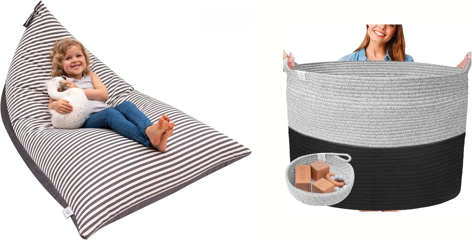 Huddle Supply Co Stuffed Animal Storage Bundle - Stuffed Animal Bean Bag   XXXL Woven Basket for Blankets, Toys Black and Grey Storage Bundle- Designer Storage for Modern Kids Room Bundle