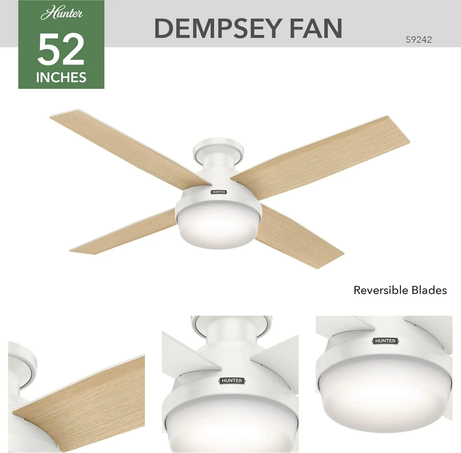 Hunter Fan Company 59242 Hunter 52" Dempsey Indoor Low Profile Ceiling Fan with Light, Fresh White Finish