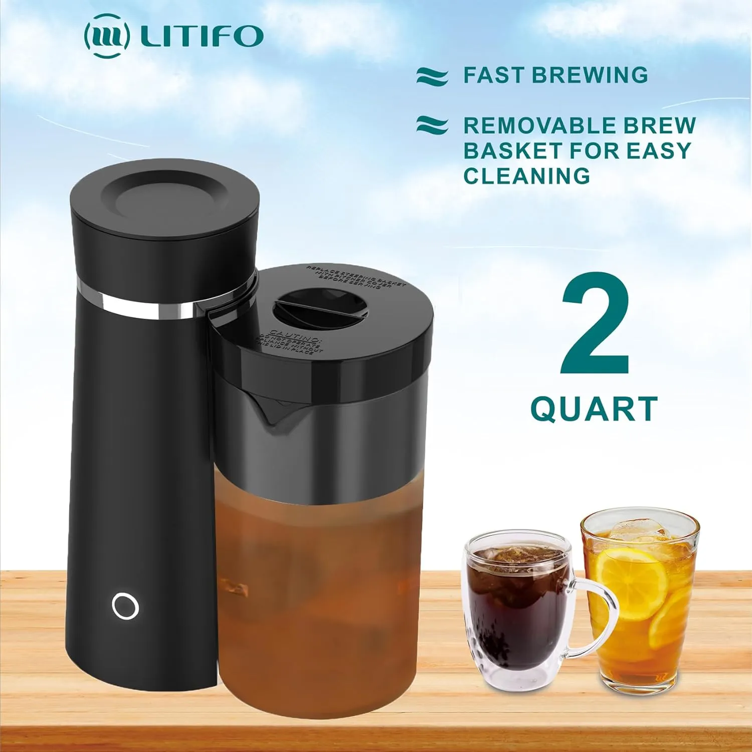 Iced Tea Maker and Iced Coffee Maker Brewing System with 2-quart Pitcher, Perfect For Fruit Infused Tea, Lemonade, Flavored Water (Black)