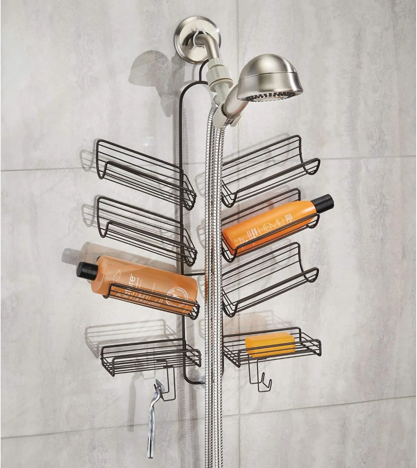 iDesign Verona Metal Hanging Bathroom Caddy for Handheld Shower Hose, Extra Space for Shampoo, Conditioner, Soap, Razors, Loofahs, Towels, 25" x 14" x 4", Bronze