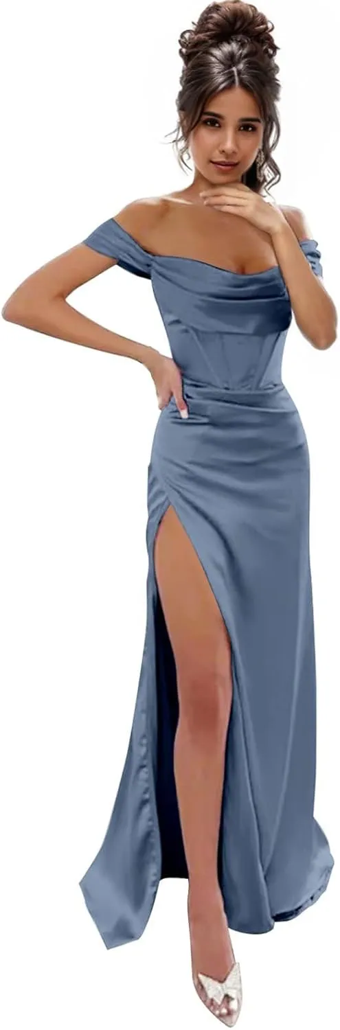 IIF Women's Off The Shoulder Prom Dress with Slit Satin Bridesmaid Dresses for Wedding Formal Evening Gown Dusty Blue US Size 0 IIF013