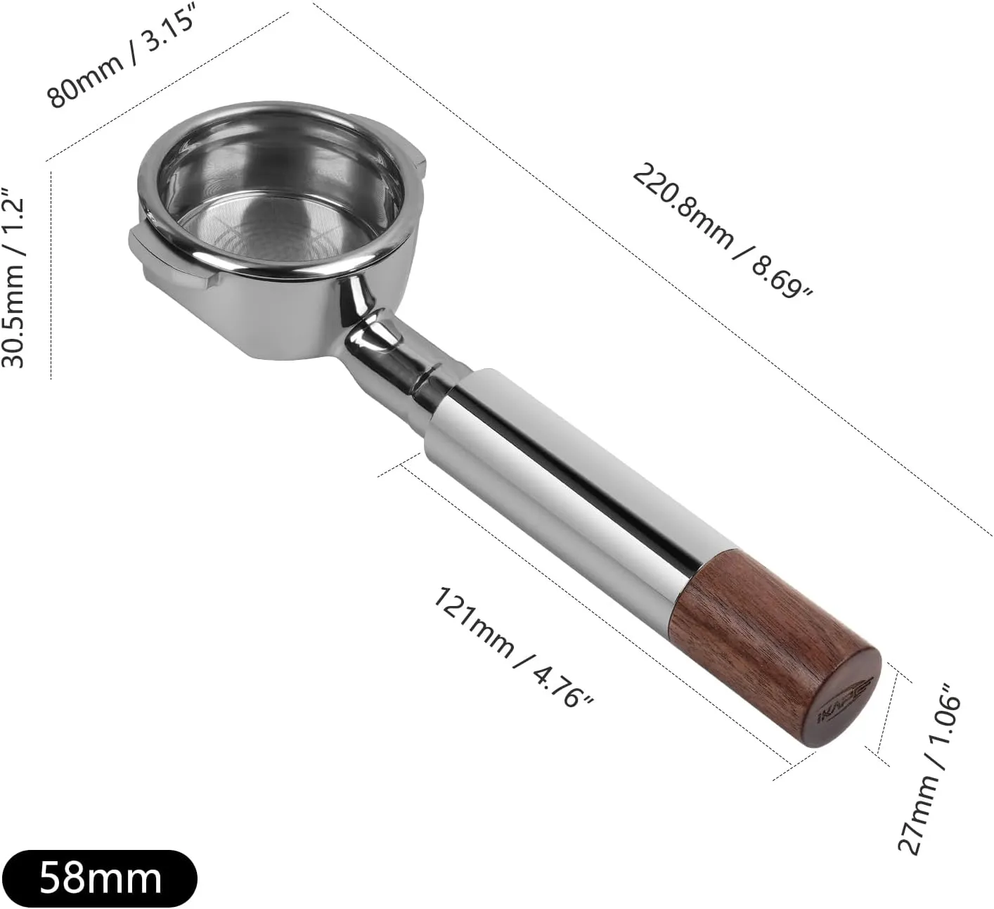 IKAPE 58mm Bottomless Naked Portafilter, Suitable for E61, Flair 58, ECM, Rocket, Sanremo, Synesso, Slayer, VBM Coffee Machines (Included 20g Capacity Filter Basket)