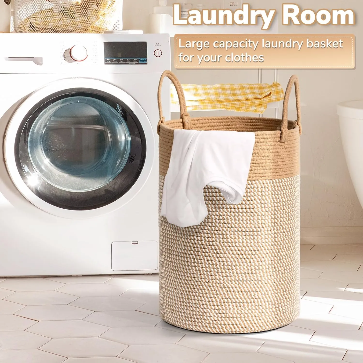 INDRESSME 60L Laundry Basket for Clothes, Blanket Storage, Toys - Woven Rope Hamper for Bedroom, 19.7 x 13.8 Inches