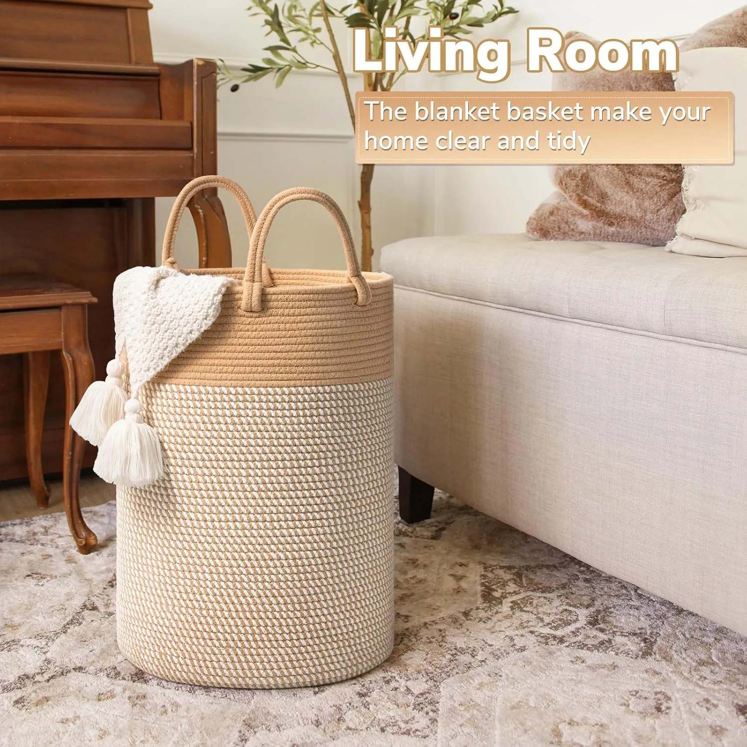 INDRESSME 60L Laundry Basket for Clothes, Blanket Storage, Toys - Woven Rope Hamper for Bedroom, 19.7 x 13.8 Inches