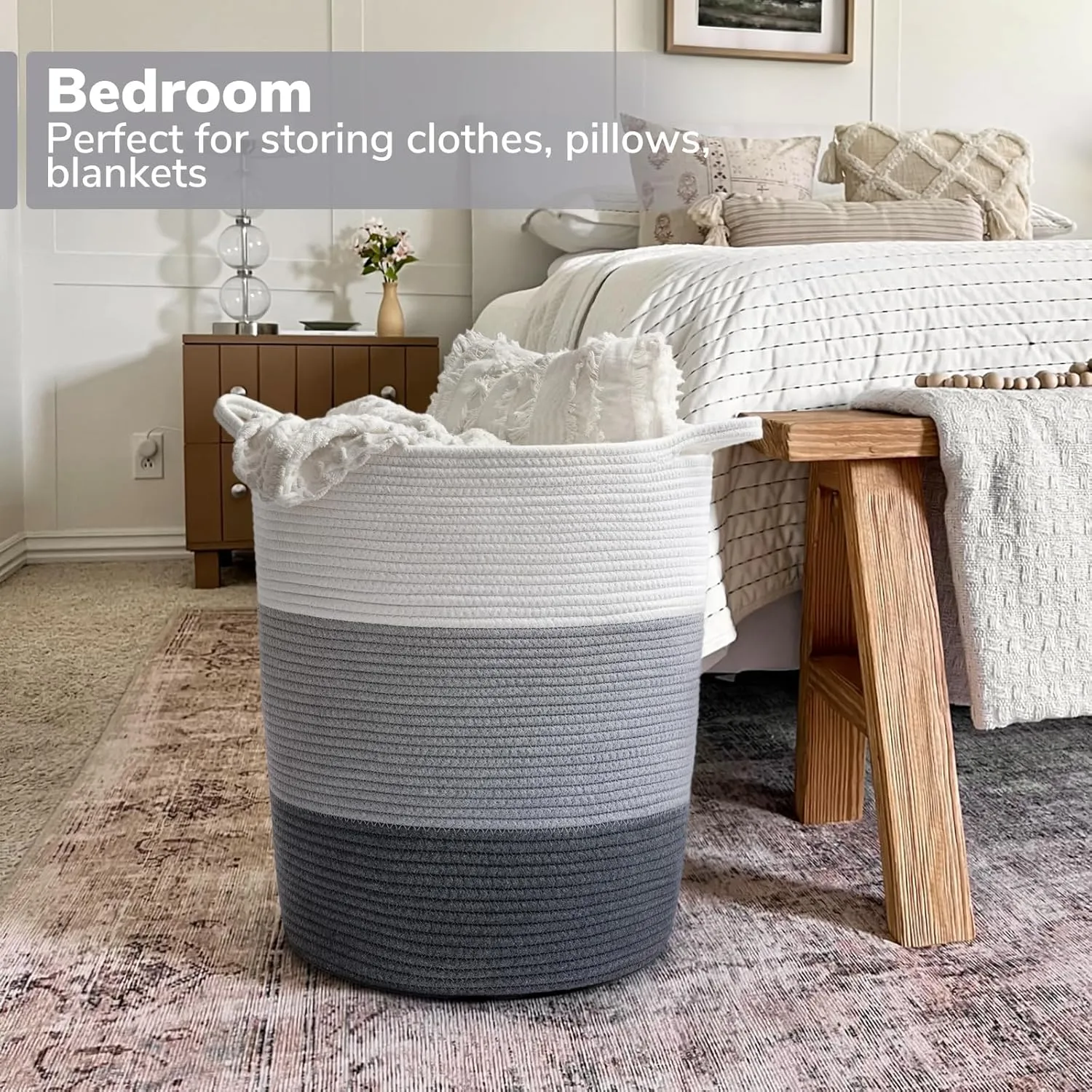 INDRESSME Tall Laundry Basket Woven Baby Hamper and Nursery Hamper, Cotton Rope Toy Baskets with 65L Capacity, Large Storage Baskets for Clothes, Blankets, Toys in Living Room, Bathroom, Bedroom