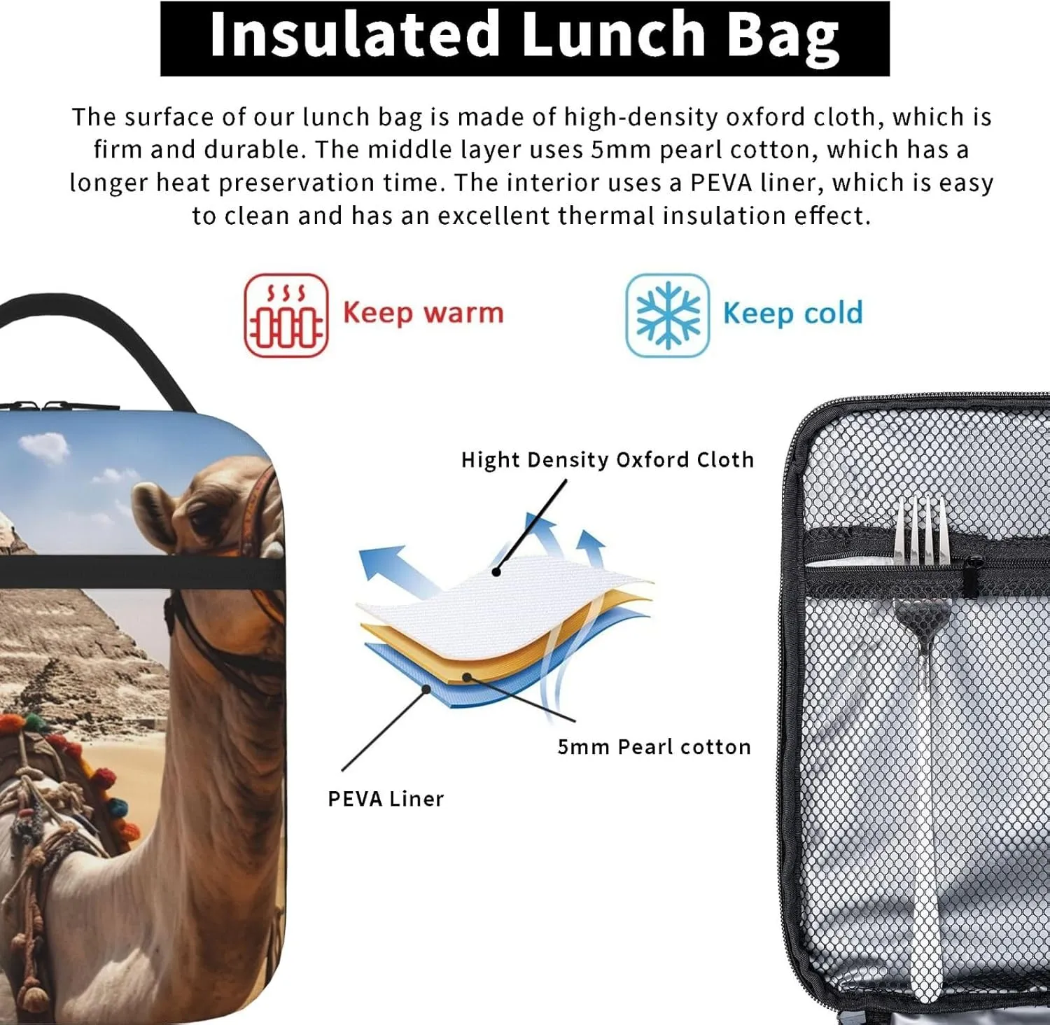 Insulated Lunch Bag for Men Women Reusable Lunch Box Pyramid Camel Lunchbox Leakproof Cooler Bags for Work Picnic