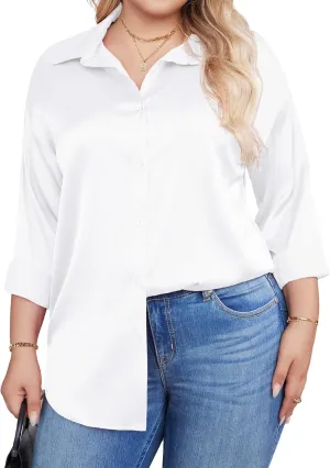 IN'VOLAND Womens Plus Size Satin Blouse Button Down Shirts Casual V Neck Long Sleeve Office Work Tops