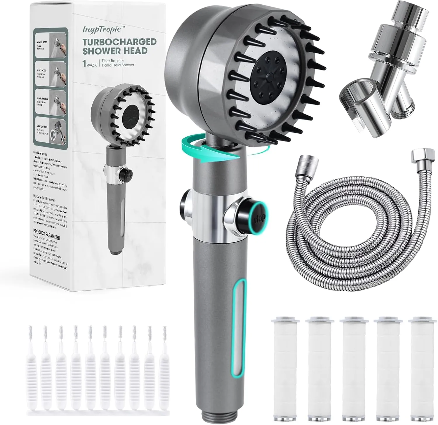 Ion Drops Shower Ead Filtered Showerhead, Handheld Turbo Shower Head, with Showerhead Filter - Pressure Boosting Shower Head, Adjustable Settings with Hose (Rotatable)