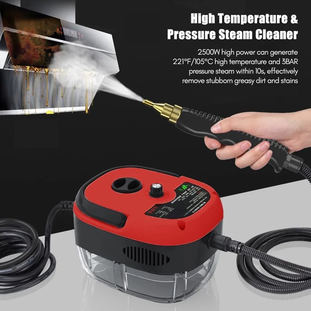 Irishom 2500W Handheld Steam Cleaner High Temperature Pressurized Steam Cleaning Machine Portable Car Steamer with Brush Heads (Red)