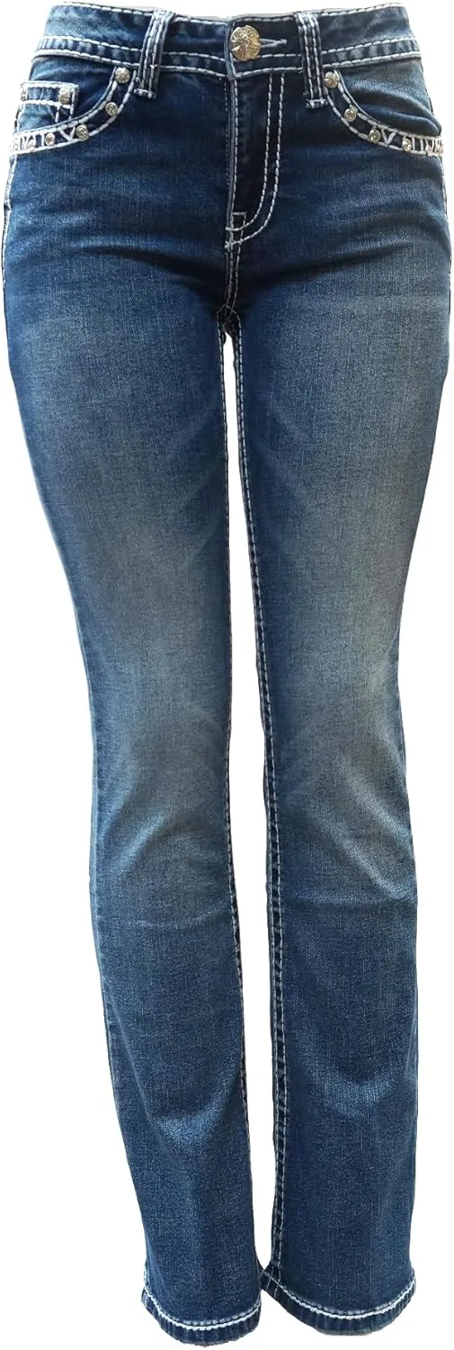 Jack David H&Y U-Cute Rose 2 Rhinestone Studded Denim Bootcut Flap Pocket Jeans