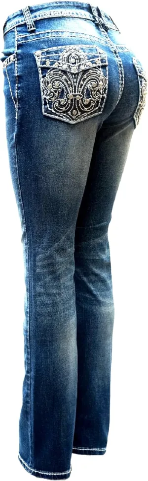 Jack David H&Y U-Cute Rose 2 Rhinestone Studded Denim Bootcut Flap Pocket Jeans