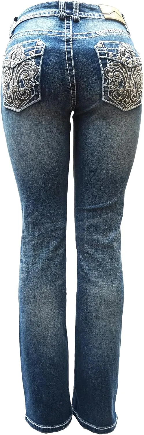 Jack David H&Y U-Cute Rose 2 Rhinestone Studded Denim Bootcut Flap Pocket Jeans