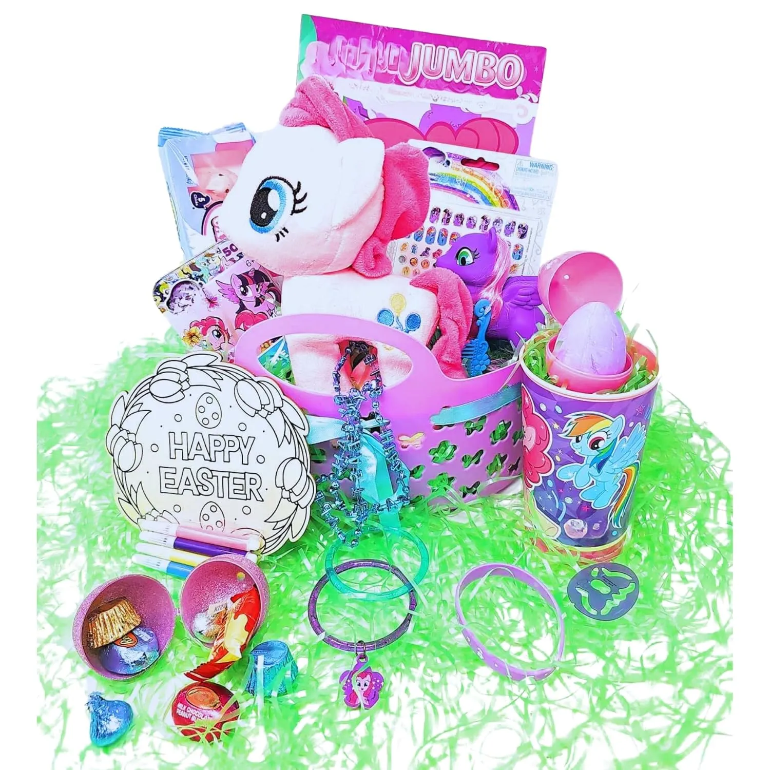 Ja'Cor Pony Easter Basket DIY, Rainbow-Themed Medium Easter Basket Filled with Chocolates Candy Eggs Treats Assorted Activities Stuffers, Gift Baskets For All Occasions Care Package