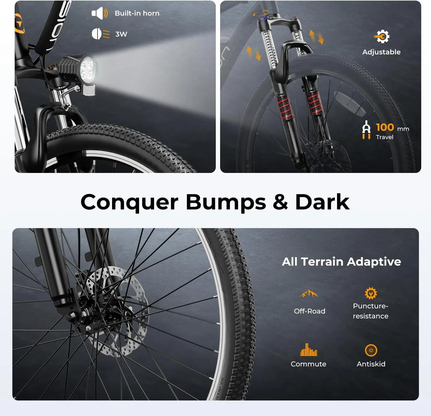 Jasion EB5 Electric Bike for Adults with Peak 500W Brushless Motor, 40Miles 20MPH Commuting Electric Mountain Bike with 360Wh Removable Battery, 7-Speed, 26" Tires and Front Fork Suspension