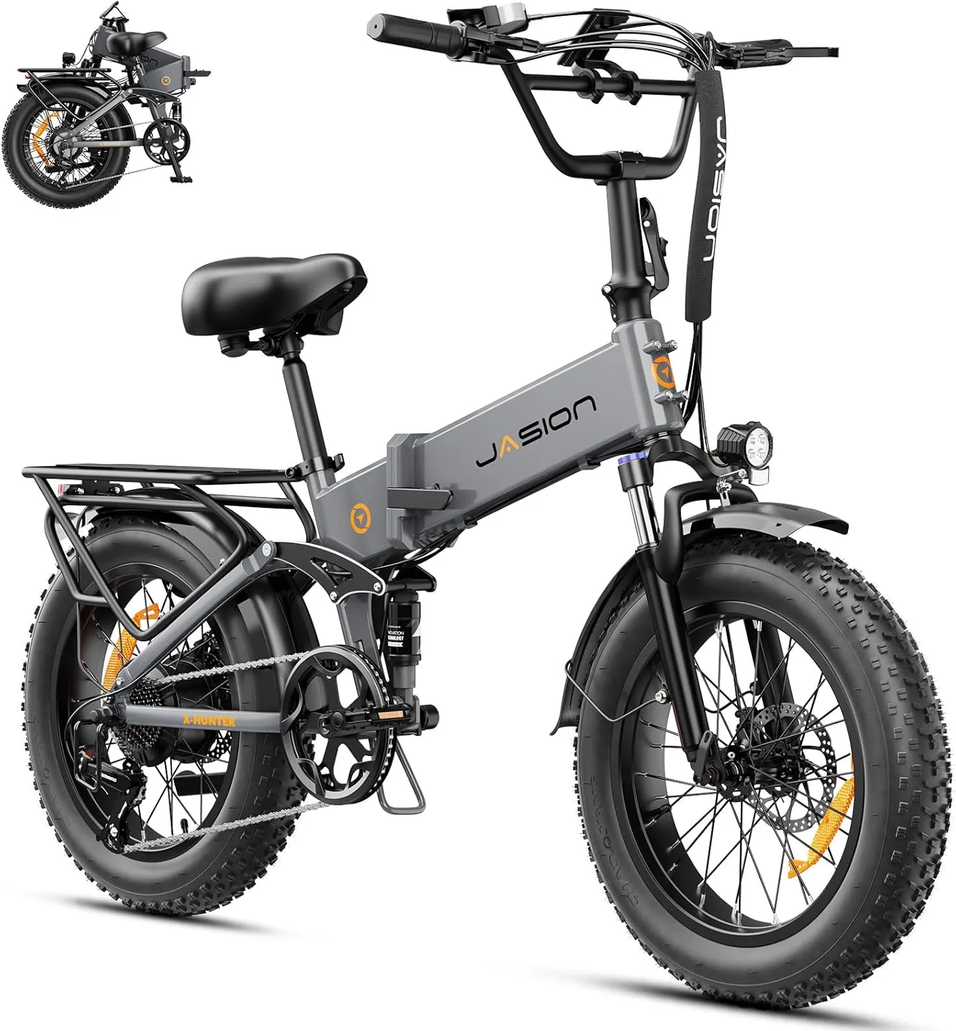 Jasion X-Hunter Electric Bike for Adults,1400W Peak Motor 30MPH Max Speed,48V 13AH Removable Battery, Full Suspension System Design,20''*4.0 Fat Tire Foldable Ebike 7-Speed Bicycles