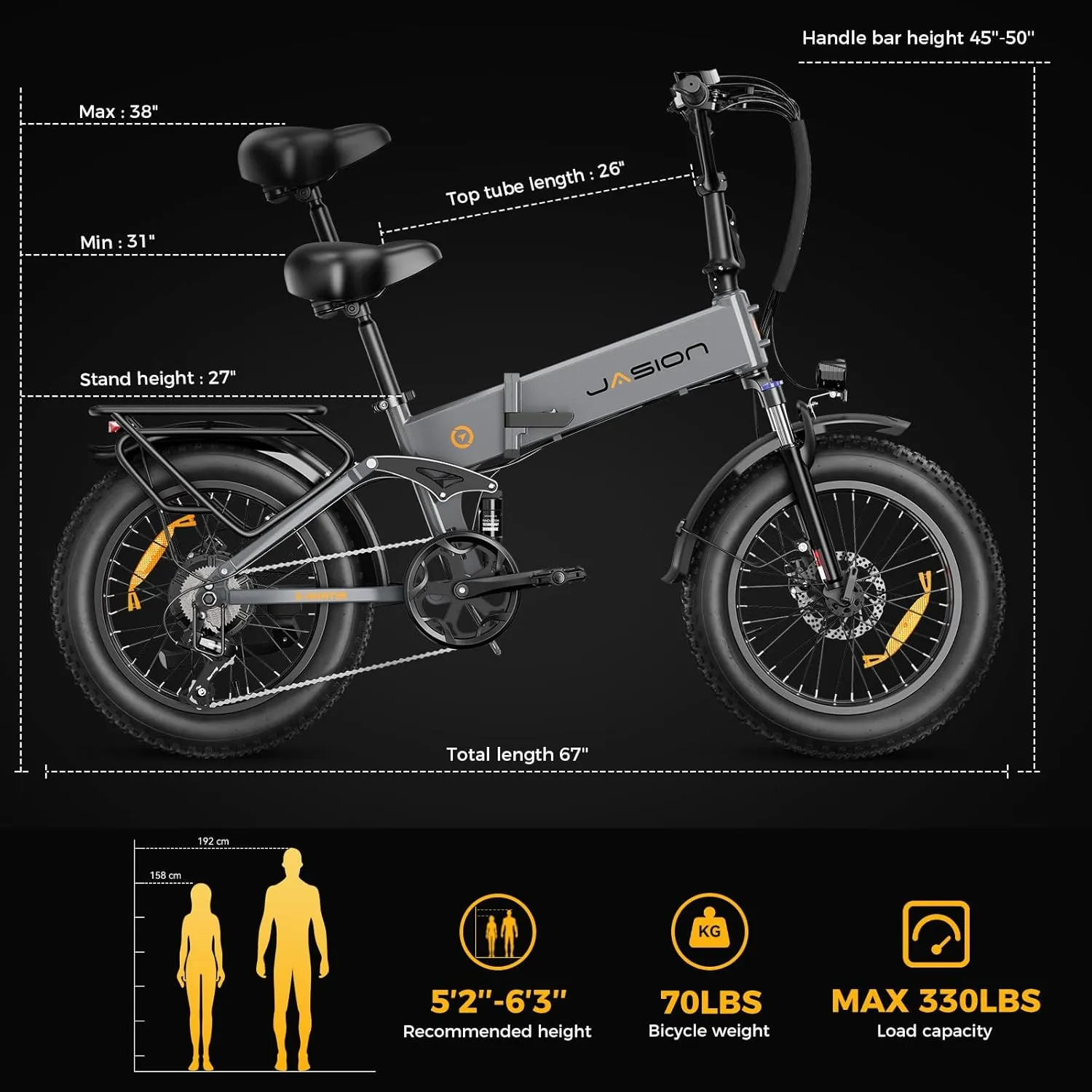 Jasion X-Hunter Electric Bike for Adults,1400W Peak Motor 30MPH Max Speed,48V 13AH Removable Battery, Full Suspension System Design,20''*4.0 Fat Tire Foldable Ebike 7-Speed Bicycles