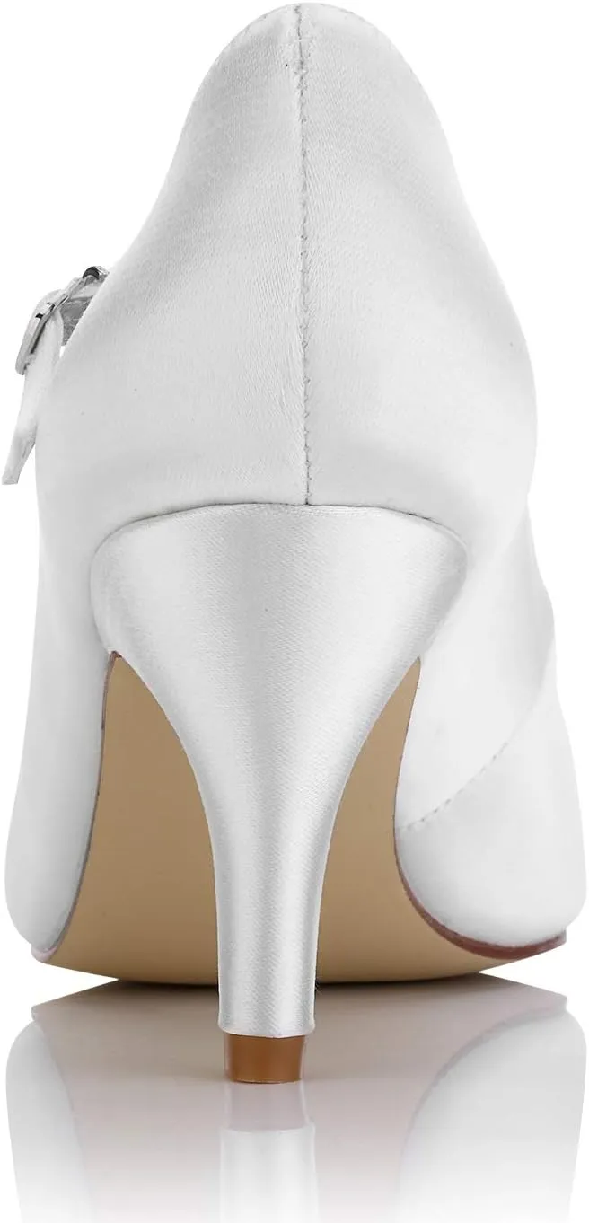 JIAJIA K989777 Women's Bridal Shoes T-bar Closed Toe Mid Heel Dyeable Satin Pumps Wedding Shoes